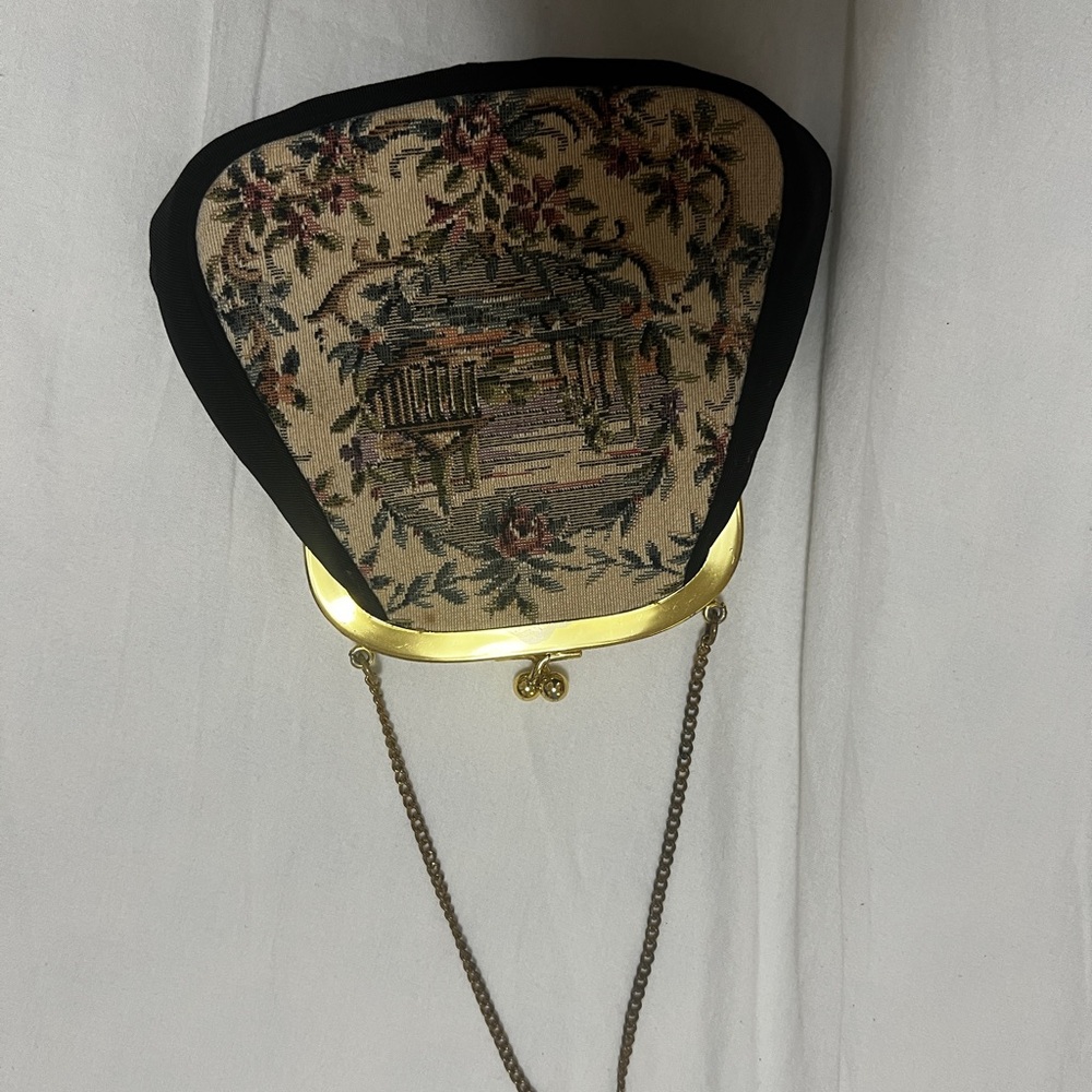 Vintage Tapestry Frame Clutch in Beige and Black with Gold Hardware